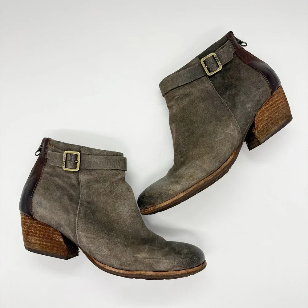 Kork-Ease Maddelena Distressed Suede Ankle Boots Size 8.5 Gray Buckle Block Heel